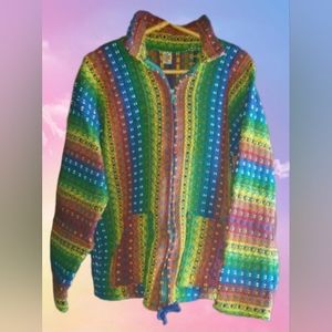 NWOT Rainbow Wool Sweater Jacket Hoodie Zipper handmade in Ecuador